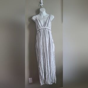 White Striped V-Neck Maxi Dress - Classic Black & White